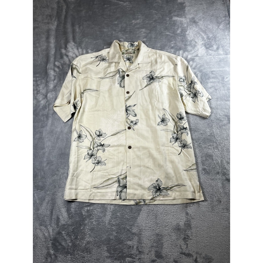 Tommy Bahama Mens M Ivory W/ Blue Hibiscus Silk Short Sleeve Hawaiian Shirt Vtg